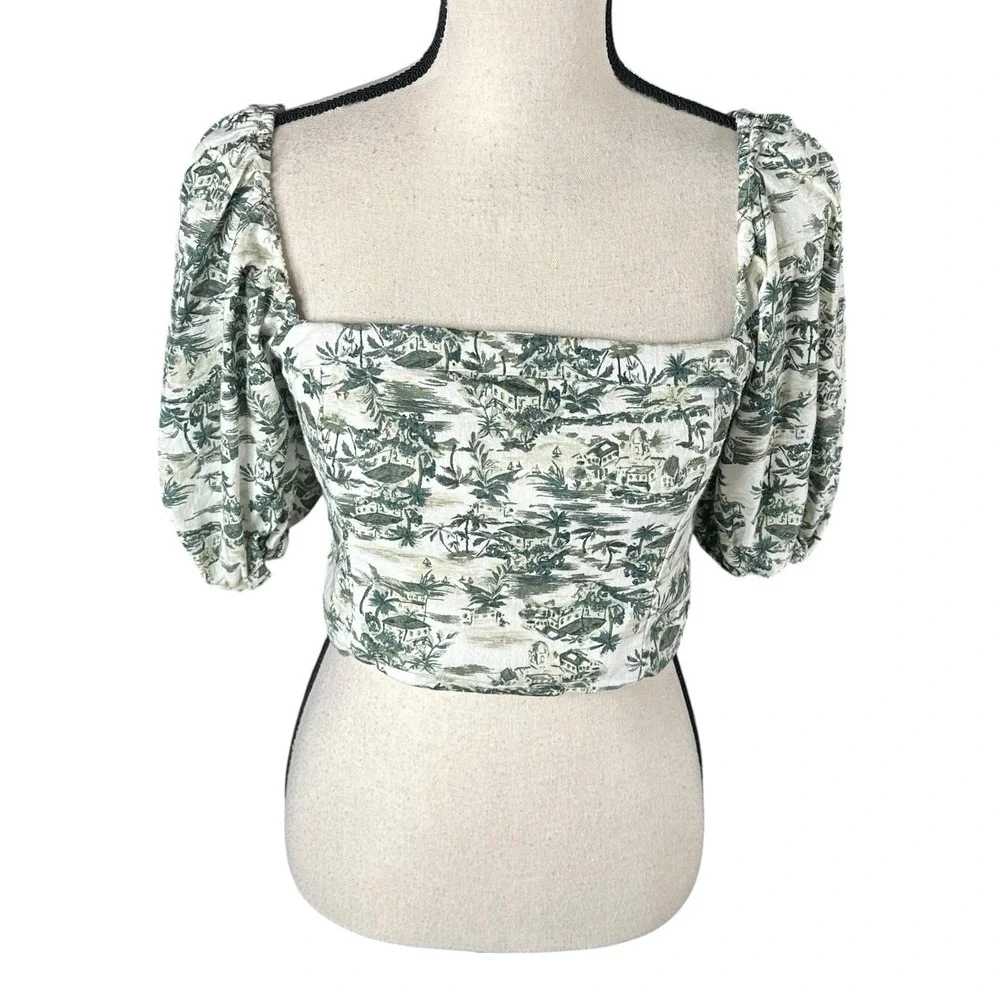 Abercrombie & Fitch Scenic Print Linen‎ Blend Puff Sleeve Cropped Blouse Small